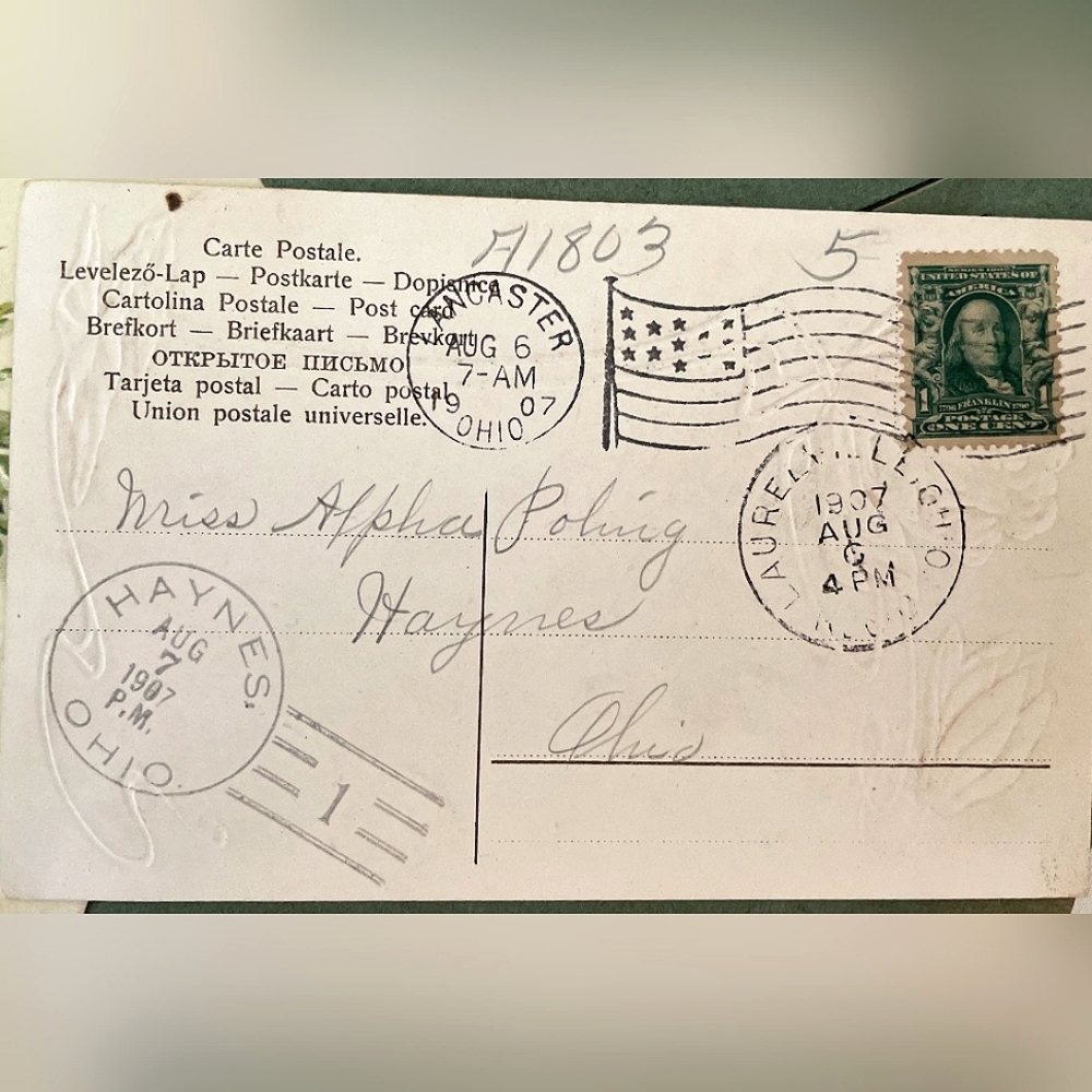 RARE 1906 BEN FRANKLIN 1 CENT STAMP ON A 1907 FRENCH POSTCARD